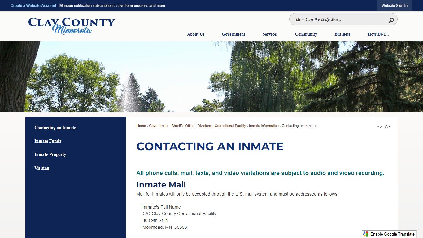 Contacting an Inmate | Clay County, MN - Official Website